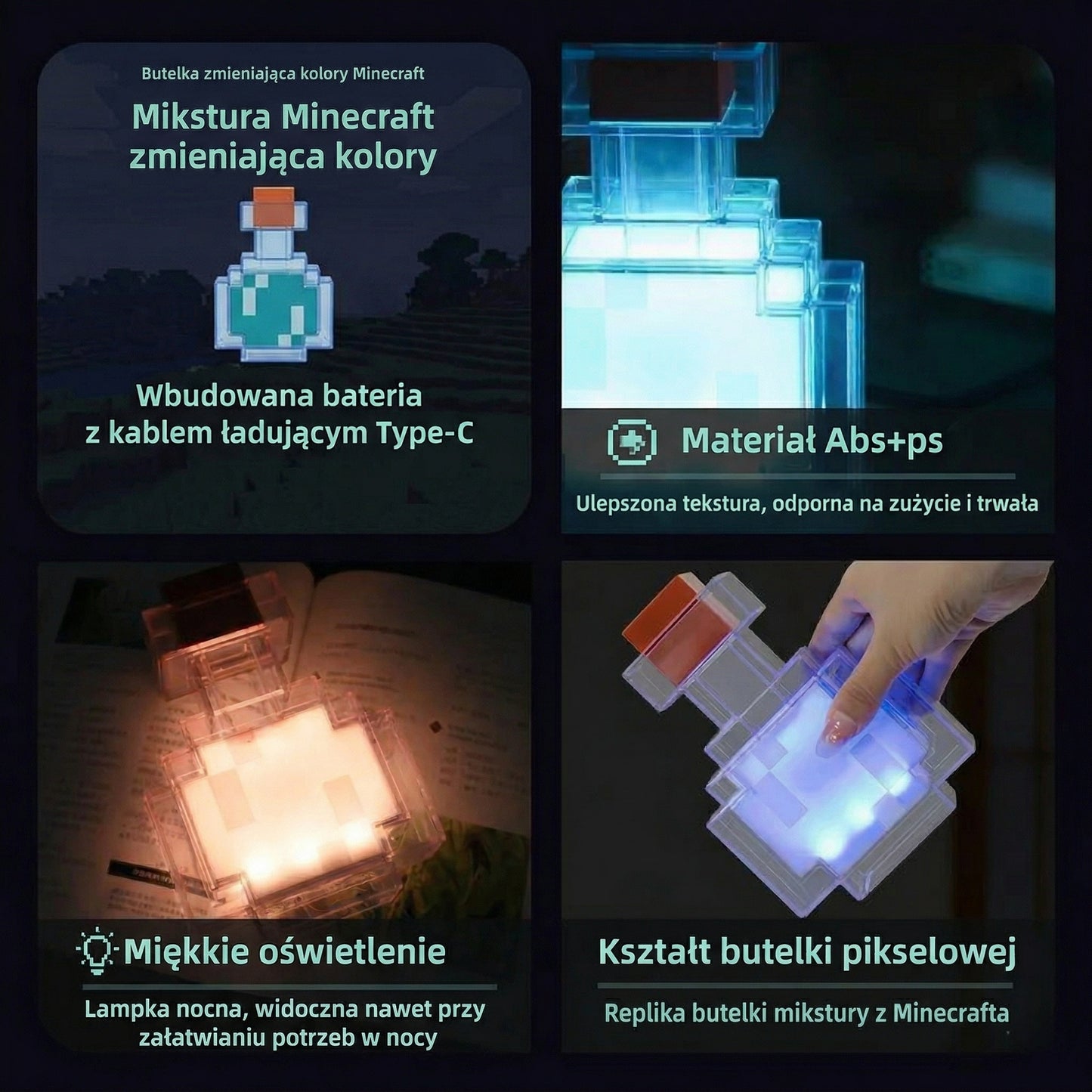 Pixel Potion™ 🧪 Lampka Nocna Minecraft – Świecąca Mikstura 8 Kolorów LED